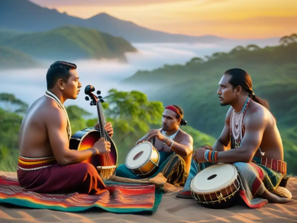 Grupo de músicos indígenas tocando instrumentos tradicionales al atardecer, reflejando orgullo cultural y unidad