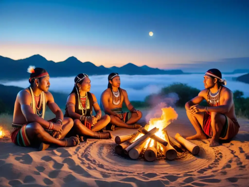 Grupo de músicos indígenas tocando instrumentos ancestrales alrededor de fogata bajo la luna llena