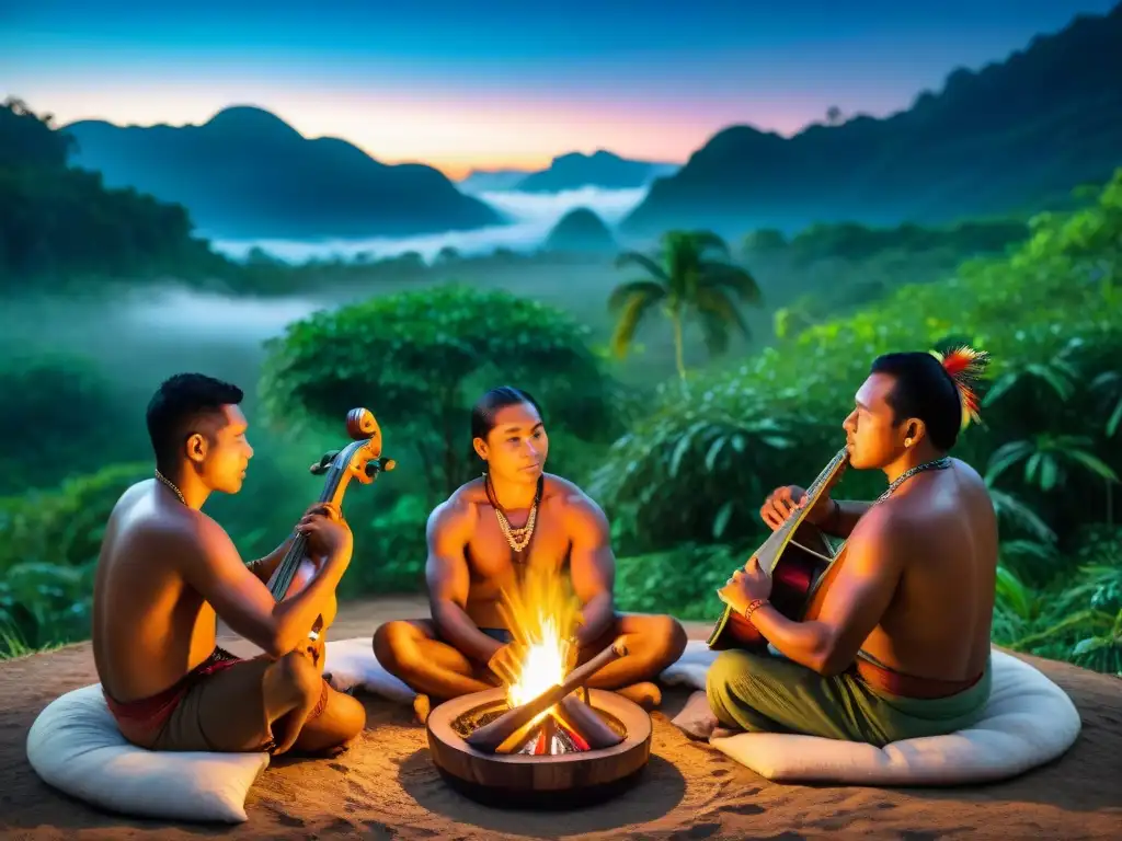 Grupo de músicos indígenas tocando instrumentos musicales tradicionales bajo un cielo estrellado en la selva