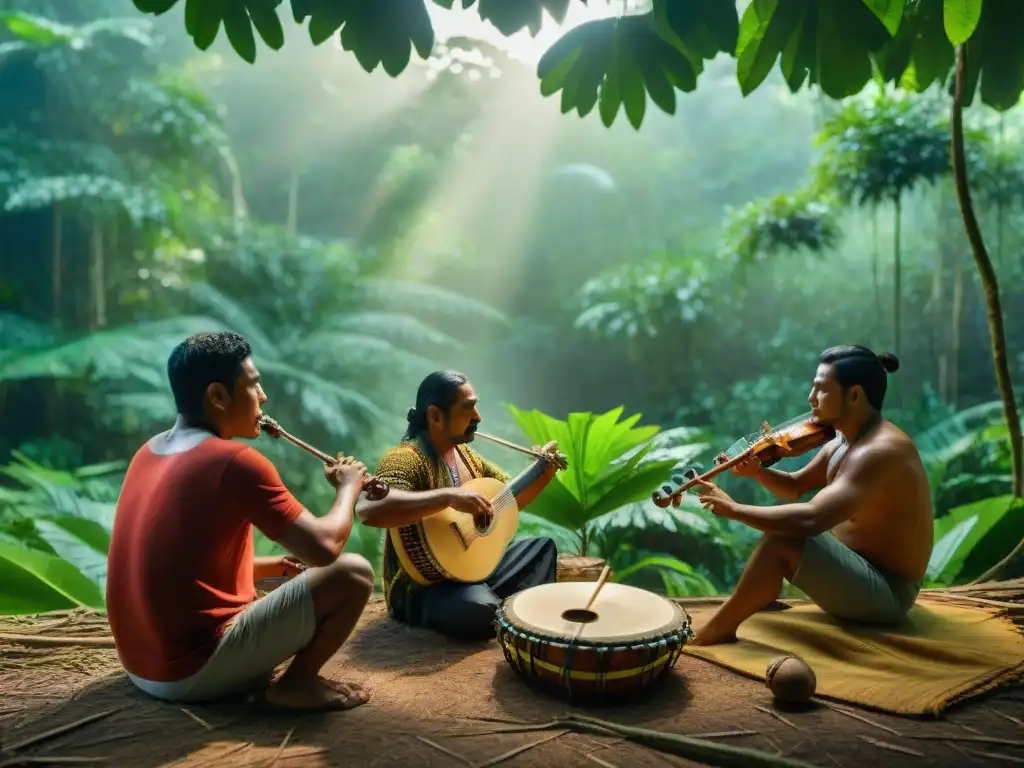 Un grupo de músicos indígenas tocando instrumentos tradicionales bajo el dosel verde del Amazonas