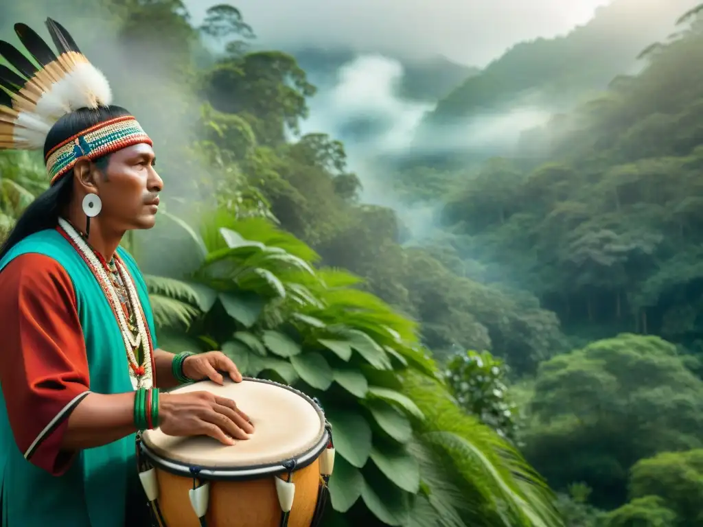 Un grupo de músicos indígenas tocando instrumentos tradicionales en un bosque, evocando la Música indígena en cine