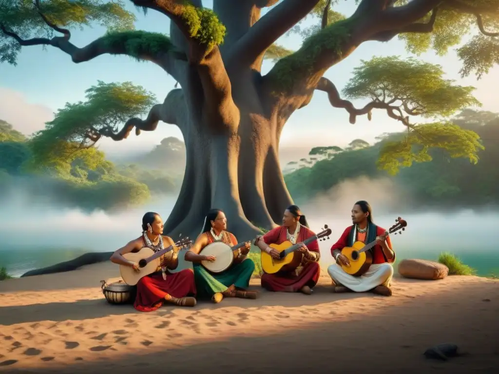 Grupo de músicos indígenas tocando instrumentos ancestrales bajo un árbol majestuoso