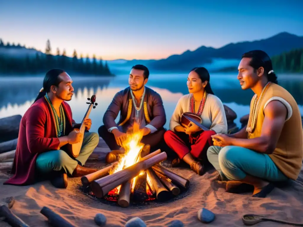 Grupo de músicos indígenas tocando instrumentos tradicionales alrededor de una fogata bajo un cielo estrellado