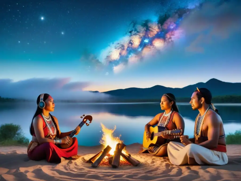 Grupo de músicos indígenas tocando instrumentos tradicionales bajo un cielo estrellado, rodeados de arte vibrante que refleja su cultura