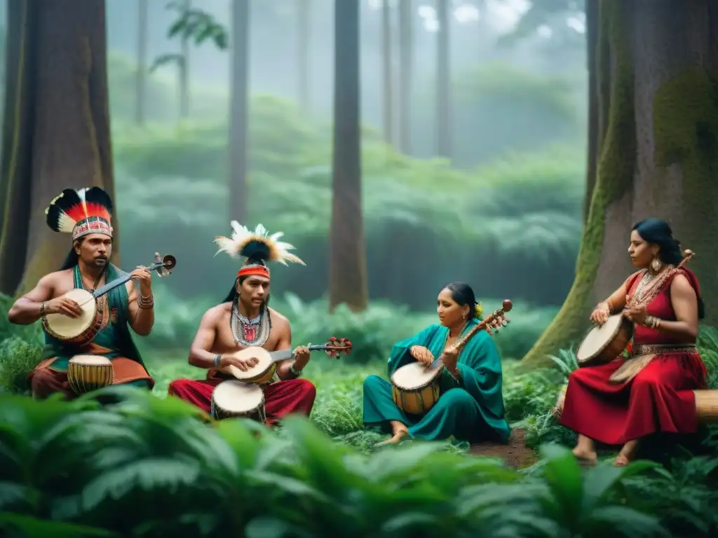 Grupo de músicos indígenas tocando juntos en la selva, destacando la unión y diversidad de tradiciones musicales