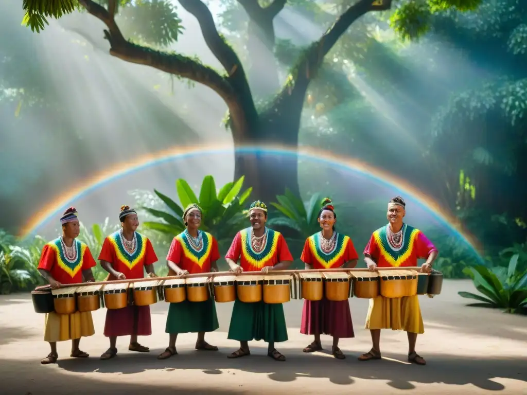 Grupo de músicos indígenas tocando la marimba bajo un ceiba, con grabados de su historia cultural