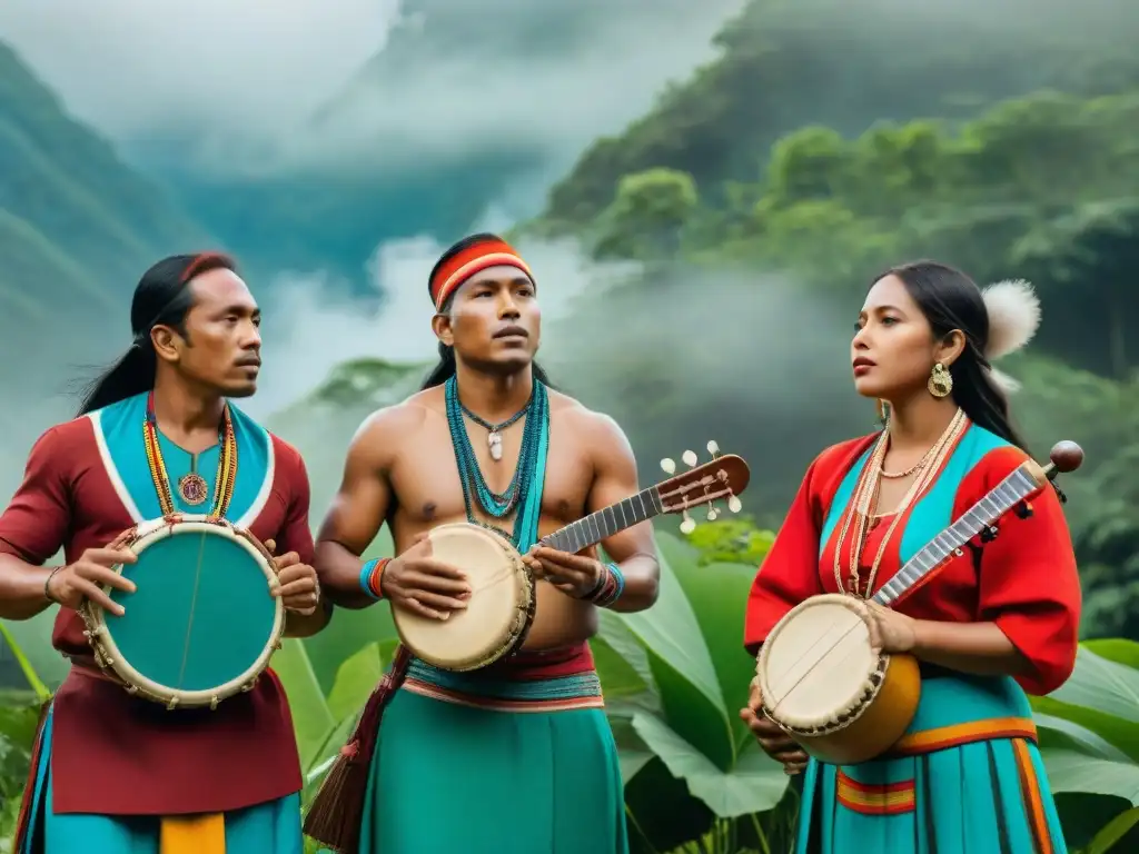 Grupo de músicos indígenas en la naturaleza tocando con pasión, reflejando la autenticidad de su arte y el alcance del streaming música indígena