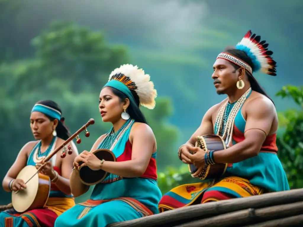 Grupo de músicos indígenas tocando con pasión bajo el cielo abierto, rodeados de naturaleza y textiles coloridos