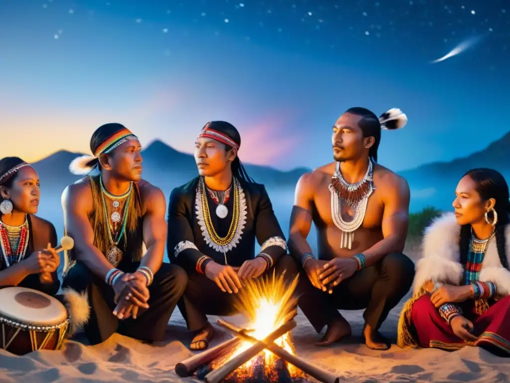 Un grupo de músicos indígenas reunidos alrededor de una fogata, tocando instrumentos tradicionales bajo un cielo estrellado