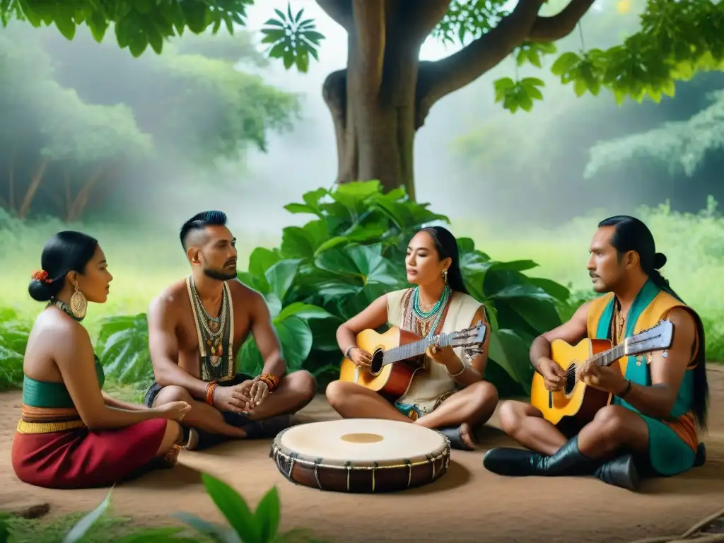 Un grupo de músicos indígenas revitalizados tocando cantos tradicionales bajo un árbol frondoso, en armonía con la naturaleza