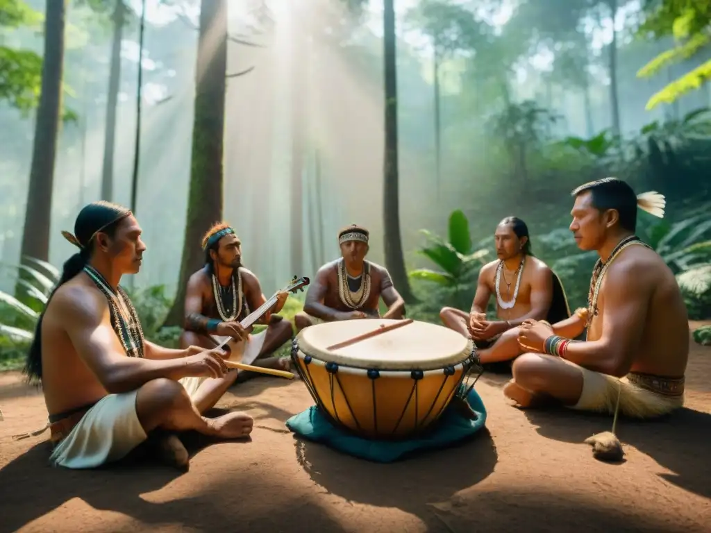 Un grupo de músicos indígenas en la selva tocando instrumentos antiguos rodeados de ancianos y niños, creando una atmósfera de unión y sacralidad