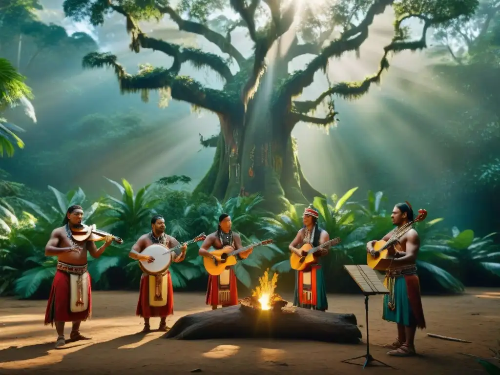 Un grupo de músicos indígenas en la selva, tocando instrumentos antiguos bajo un árbol sagrado