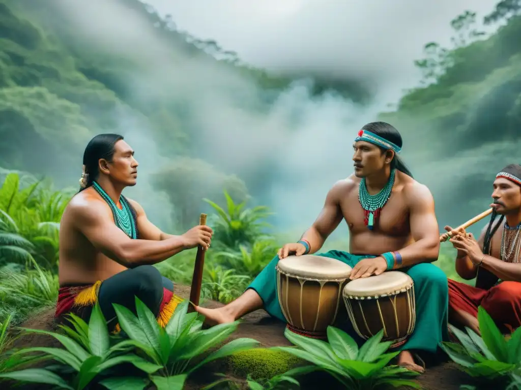 Grupo de músicos indígenas en la selva, fusionando tradición y tecnología para preservar música ancestral