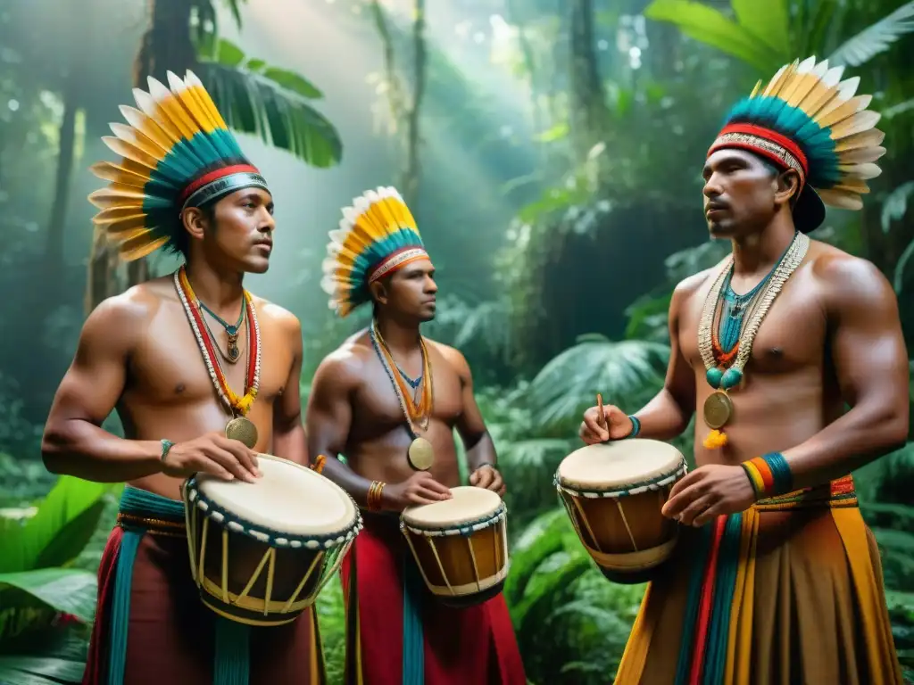 Grupo de músicos indígenas en la selva tocando instrumentos tradicionales bajo la luz dorada