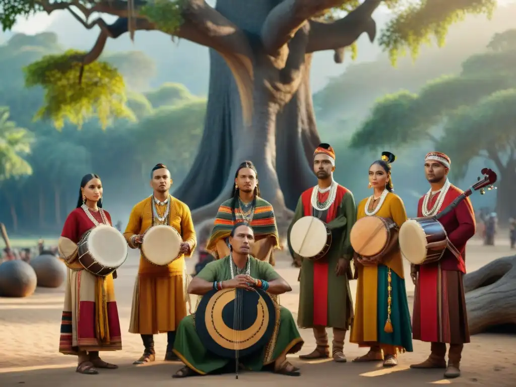 Grupo de músicos indígenas tradicionales tocando bajo un árbol ancestral, rodeados de naturaleza exuberante