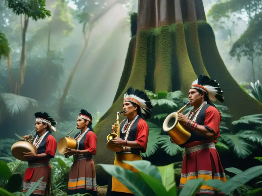 Un grupo de músicos indígenas en trajes vibrantes tocando instrumentos antiguos bajo árboles en la selva