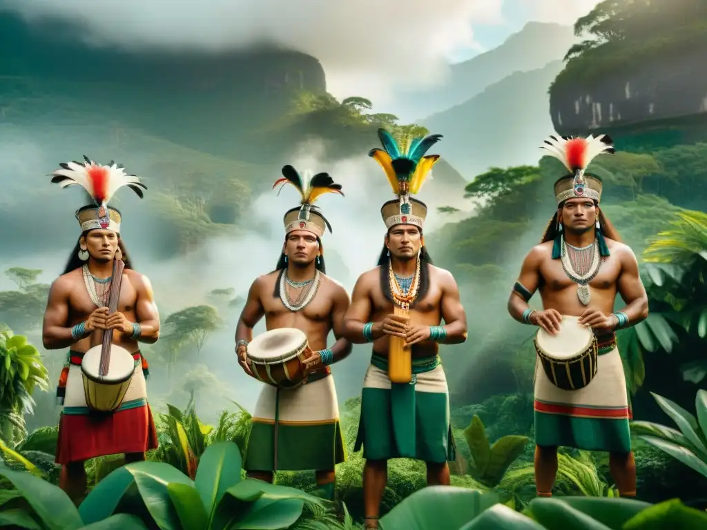 Grupo de músicos indígenas en trajes precolombinos, tocando instrumentos ancestrales en la selva