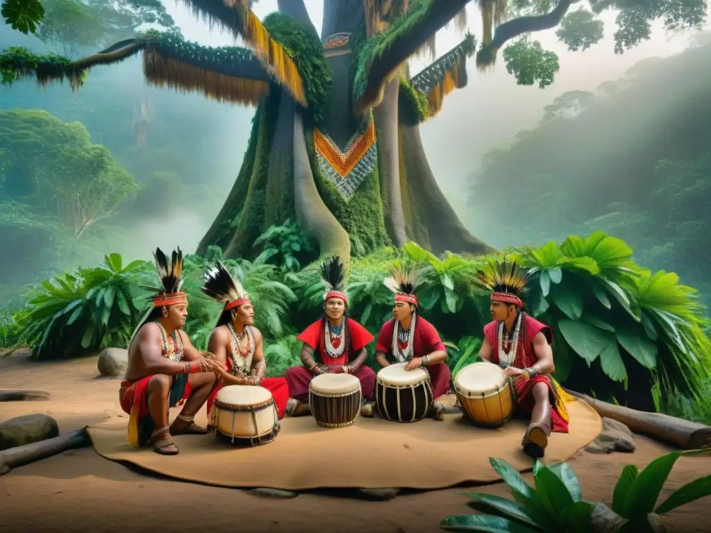 Un grupo de músicos indígenas de diversas tribus de las Américas tocando instrumentos tradicionales bajo un árbol ancestral en la selva