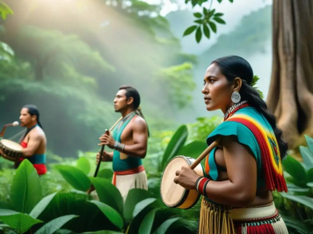 Un grupo de músicos indígenas de diferentes tribus tocando instrumentos tradicionales en un bosque verde exuberante, transmitiendo unidad y la belleza atemporal de la música tradicional de culturas indígenas