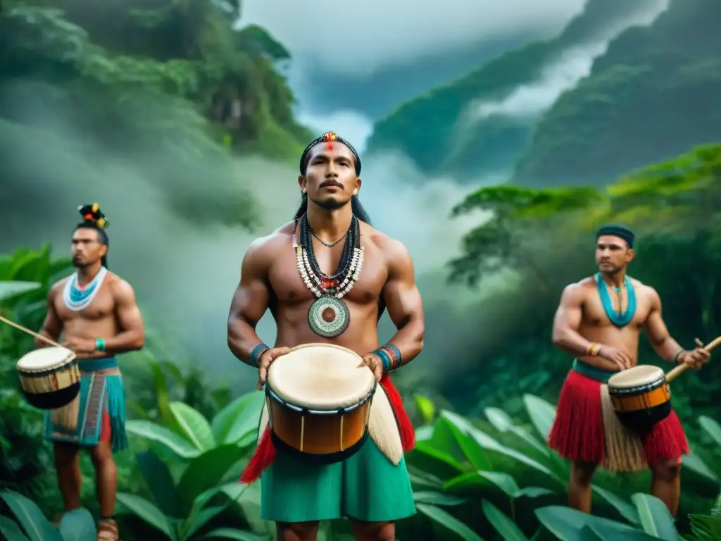 Grupo de músicos indígenas de diversas tribus de las Américas tocando instrumentos tradicionales en la selva