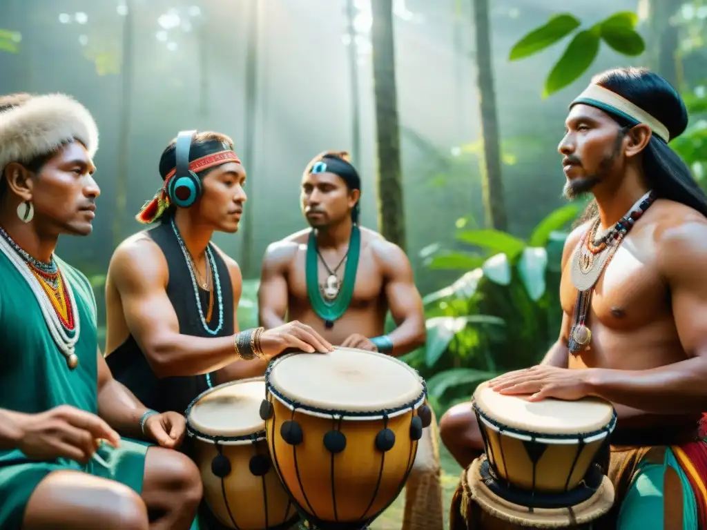 Un grupo de músicos indígenas de diferentes tribus tocando sus instrumentos tradicionales en un círculo en el bosque