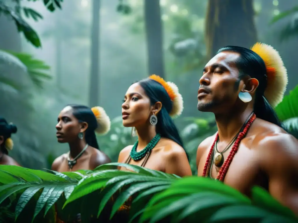 Un grupo de músicos indígenas vestidos con trajes tradicionales vibrantes, inmersos en una actuación de Música vocal tradicional indígena en la selva