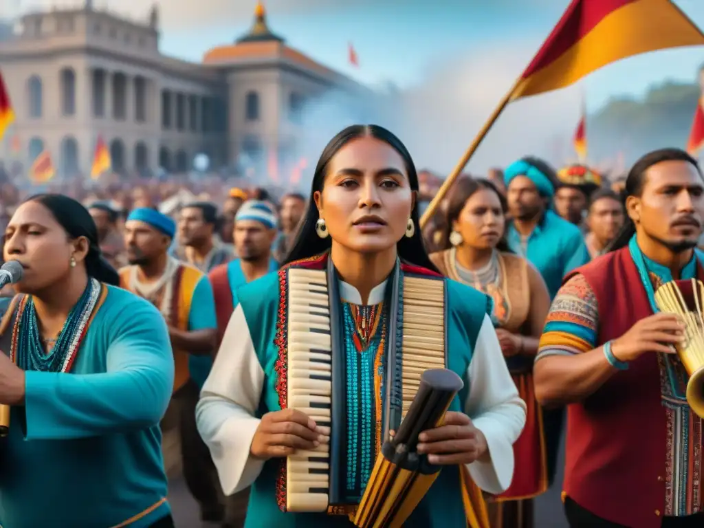 Un grupo de músicos indígenas en un vibrante desfile de protesta, tocando instrumentos tradicionales como la flauta de pan, el tambor y las maracas