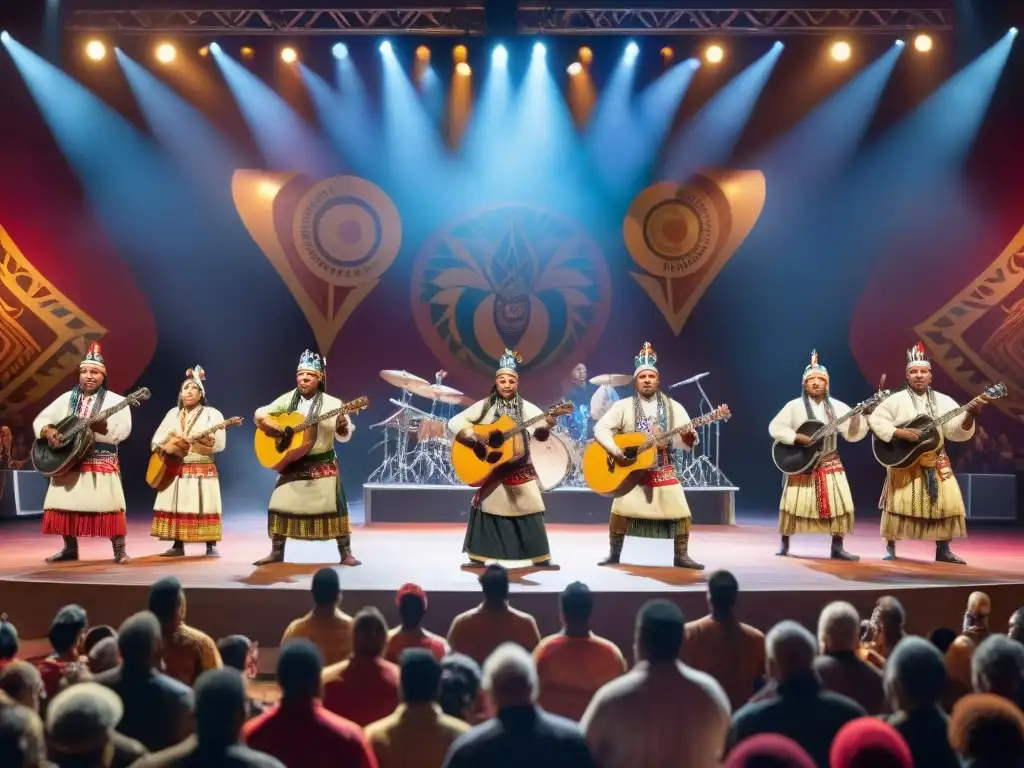 Grupo de músicos indígenas en vibrante escenario, cautivando a diverso público