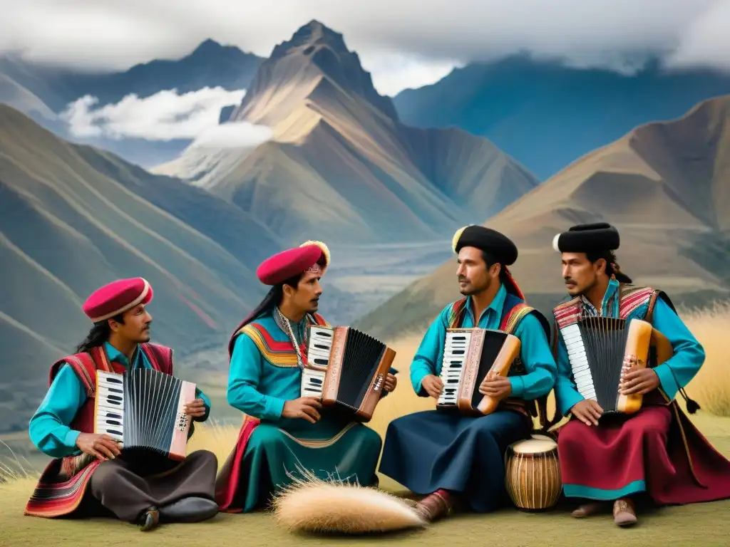 Grupo de músicos tocando instrumentos andinos frente a los majestuosos Andes