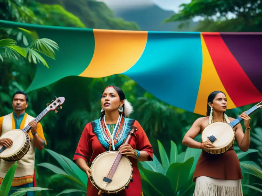 Un grupo de músicos indígenas toca instrumentos tradicionales bajo un banner colorido que dice 'Música Indígena: Derechos Reconocidos', rodeados de vegetación exuberante