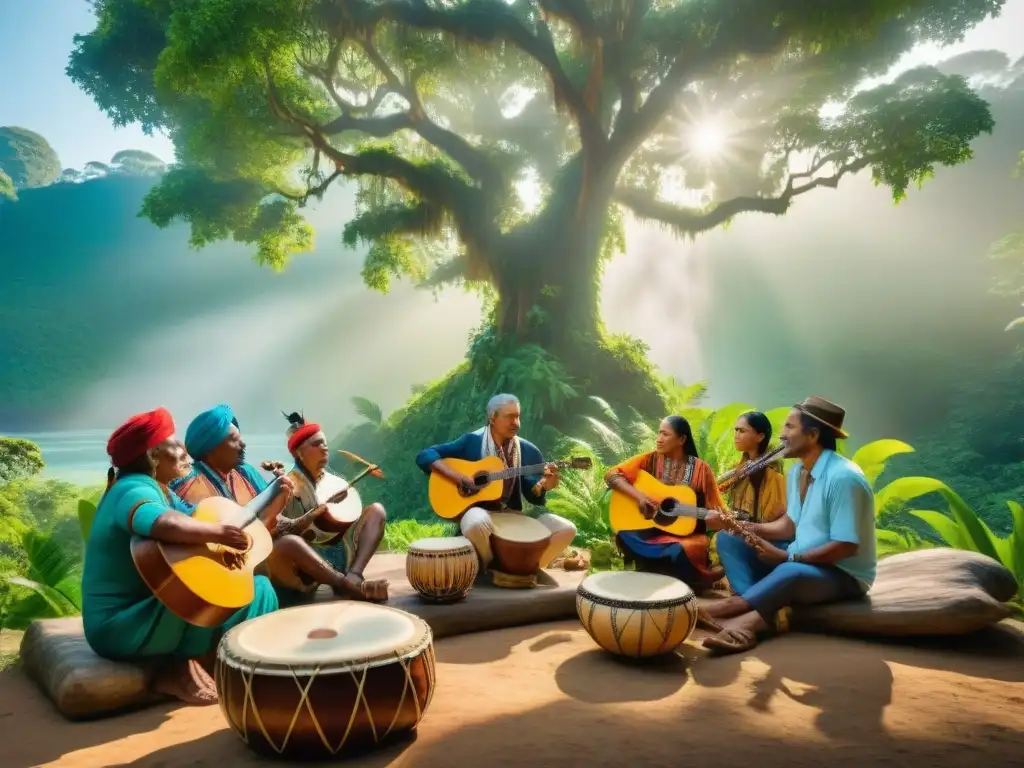 Un grupo de músicos indígenas toca instrumentos tradicionales bajo un árbol centenario en la selva, rodeados de una audiencia diversa