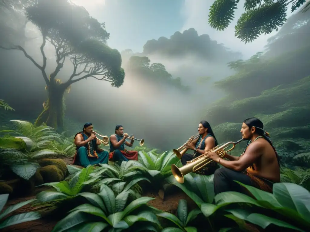 Un grupo de músicos indígenas toca instrumentos de viento en la selva al amanecer