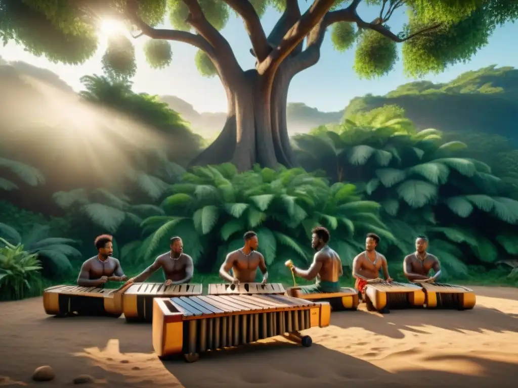 Un grupo de músicos afroindígenas toca la marimba bajo un árbol, en un escenario sereno y armonioso