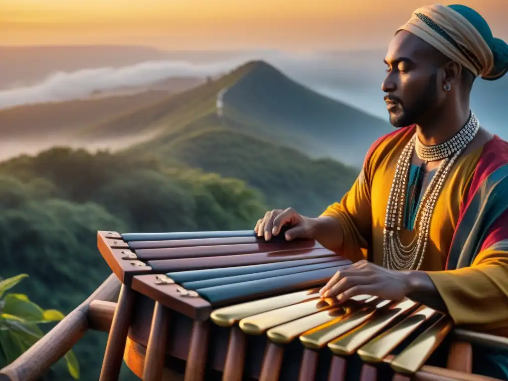 Un grupo de músicos toca la marimba afroindígena bajo un atardecer vibrante, mostrando detalles y pasión en sus rostros