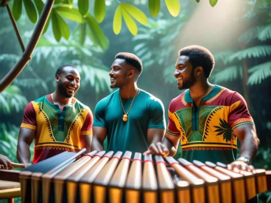 Un grupo de músicos afroindígenas tocan la marimba en un bosque vibrante y colorido, reflejando historia y tradición