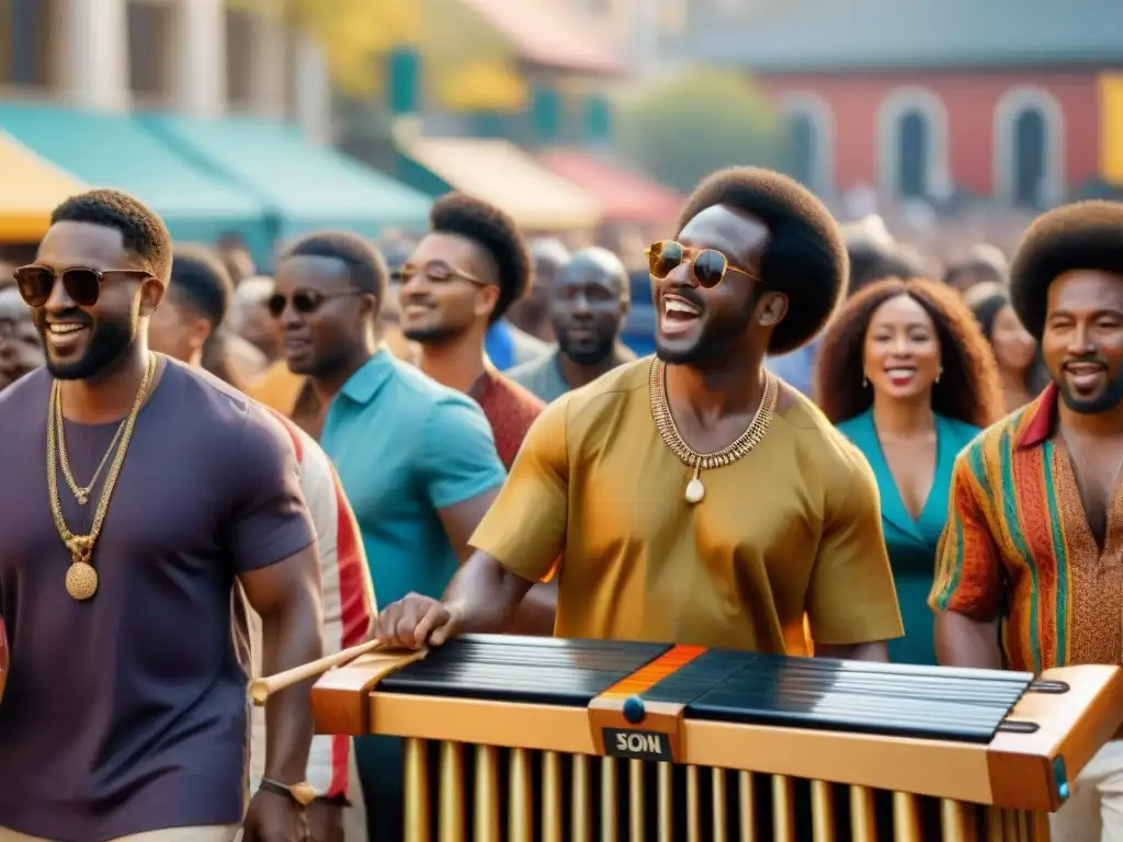 Grupo de músicos afroindígenas tocando la marimba en una plaza vibrante, rodeados de una multitud diversa