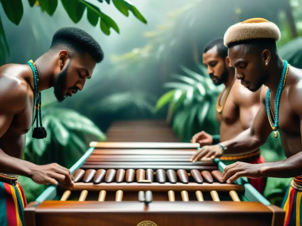 Grupo de músicos afroindígenas tocando la marimba con pasión, rodeados de exuberante vegetación, reflejando su historia y luchas contemporáneas