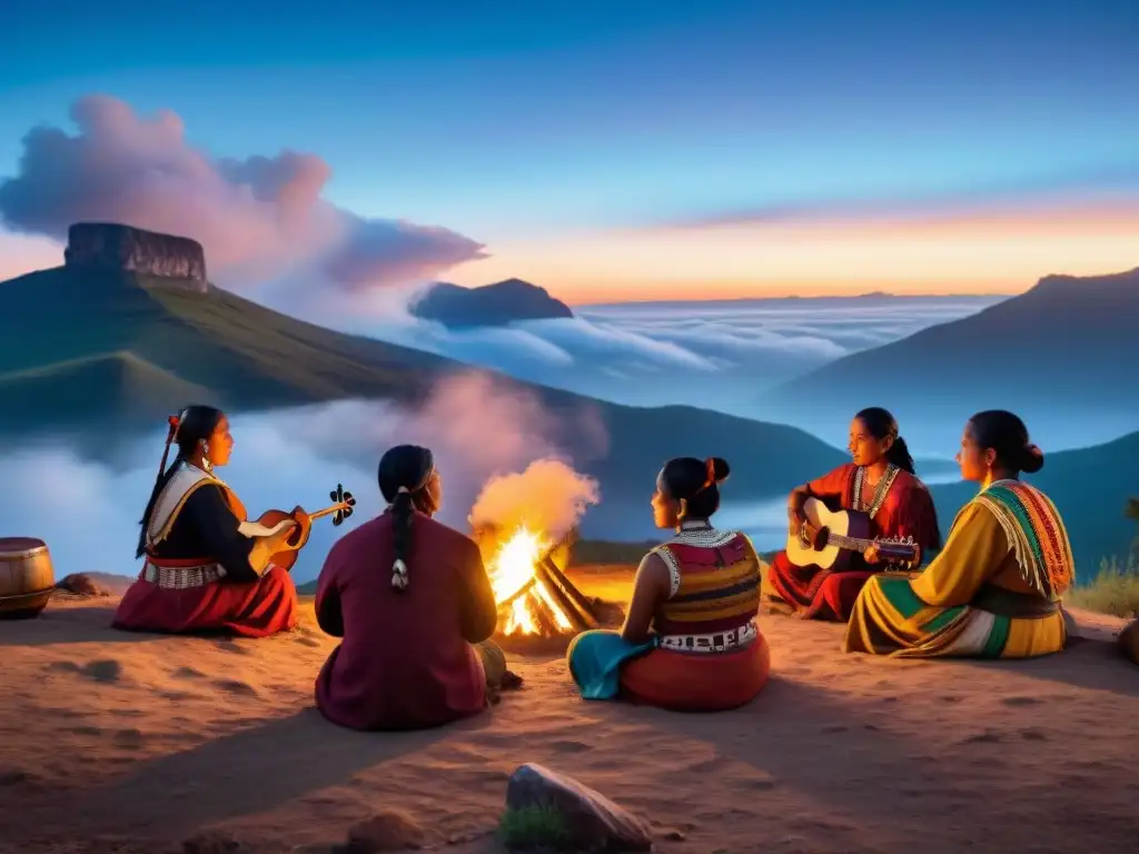 Un grupo de músicos y poetas indígenas alrededor de una fogata, creando bellos versos y melodías bajo un cielo estrellado