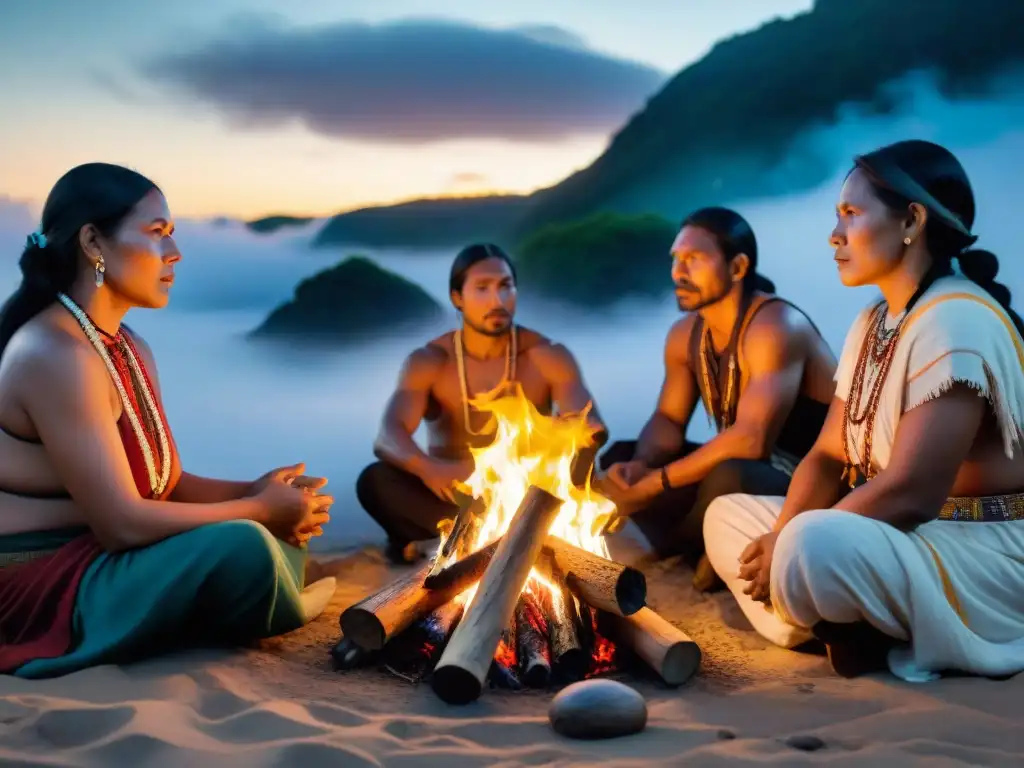 Grupo de narradores indígenas cautivando a su audiencia alrededor del fuego en la noche, resaltando la literatura oral indígena y la globalización