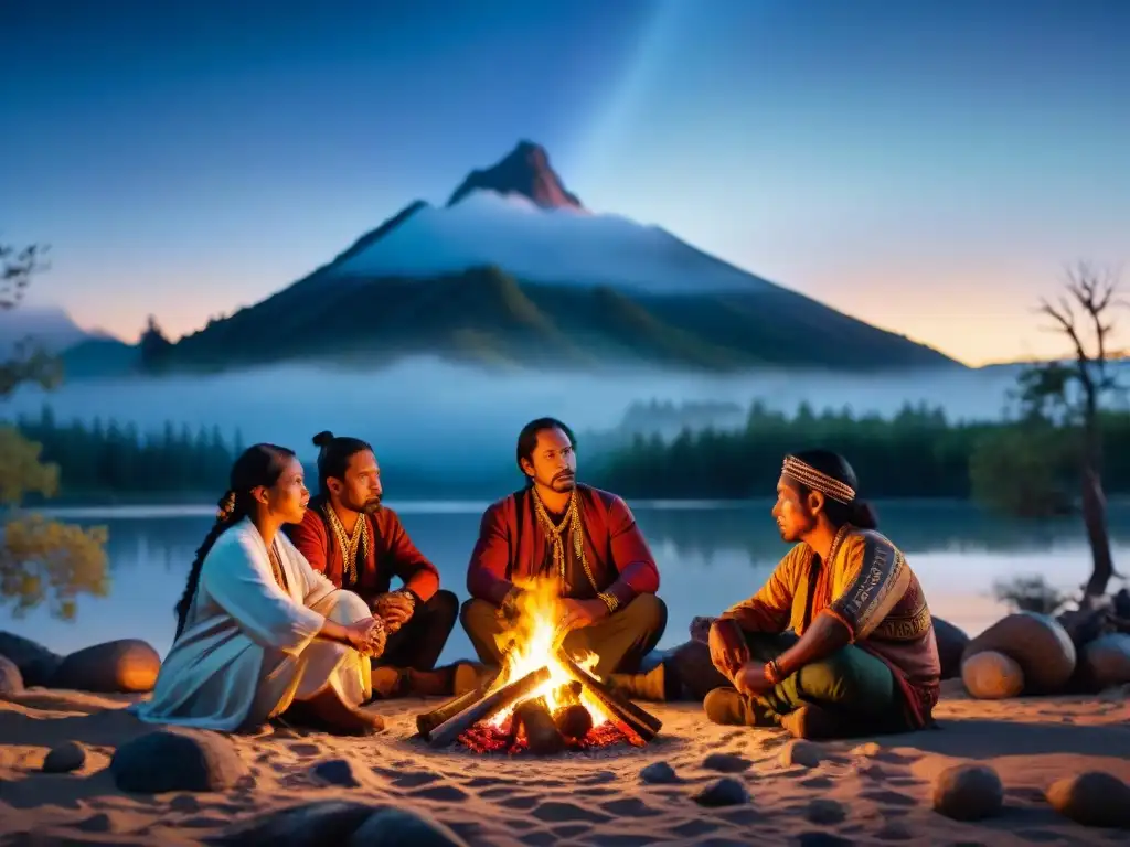 Grupo de narradores indígenas contemporáneos reunidos alrededor de una fogata bajo el cielo nocturno, compartiendo relatos tradicionales