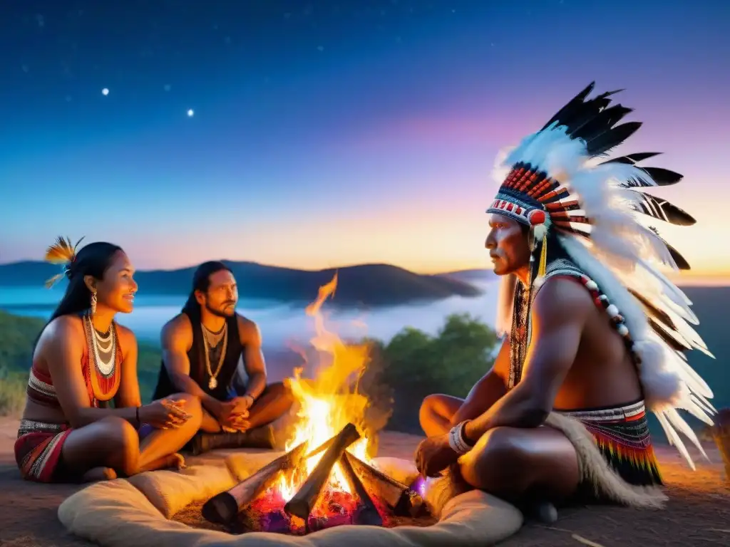 Narradores indígenas junto a fogata ancestral bajo cielo estrellado Un grupo de narradores indígenas comparte cuentos junto a una fogata, en una noche estrellada y mística