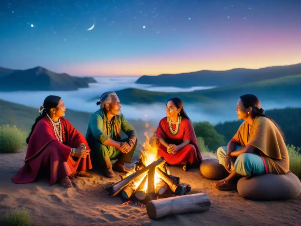 Grupo de narradores indígenas alrededor de fogata, compartiendo cuentos tradicionales bajo cielo estrellado