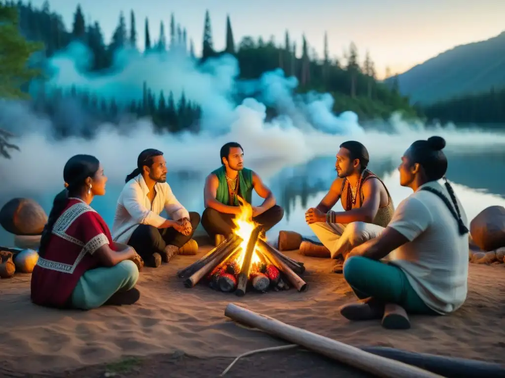 Un grupo de narradores indígenas alrededor de una fogata, preservando historias con reverencia bajo un cielo estrellado en un bosque antiguo