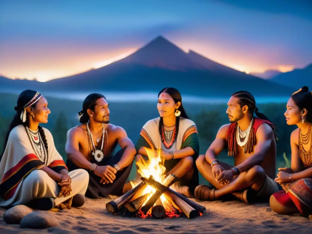 Grupo de narradores indígenas cautivando con historias alrededor de fogata en noche estrellada