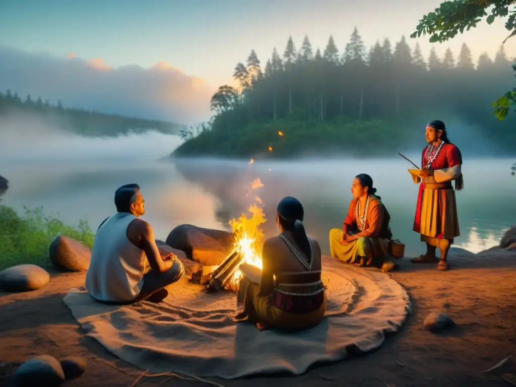 Grupo de narradores indígenas junto al fuego en el bosque: Literatura indígena puentes culturales literarios