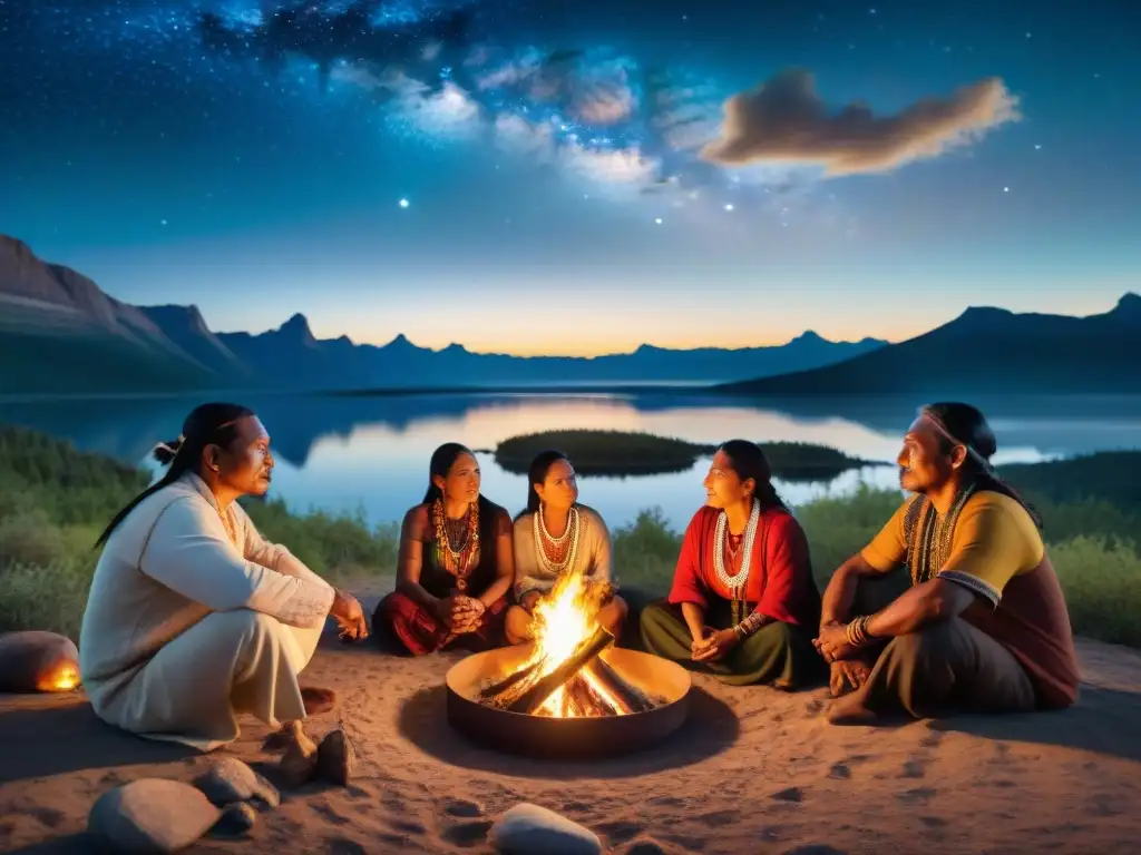Narradores Indígenas junto al fuego: relatos ancestrales bajo la Vía Láctea Grupo de narradores indígenas reunidos alrededor de una fogata, compartiendo cuentos tradicionales bajo un cielo estrellado