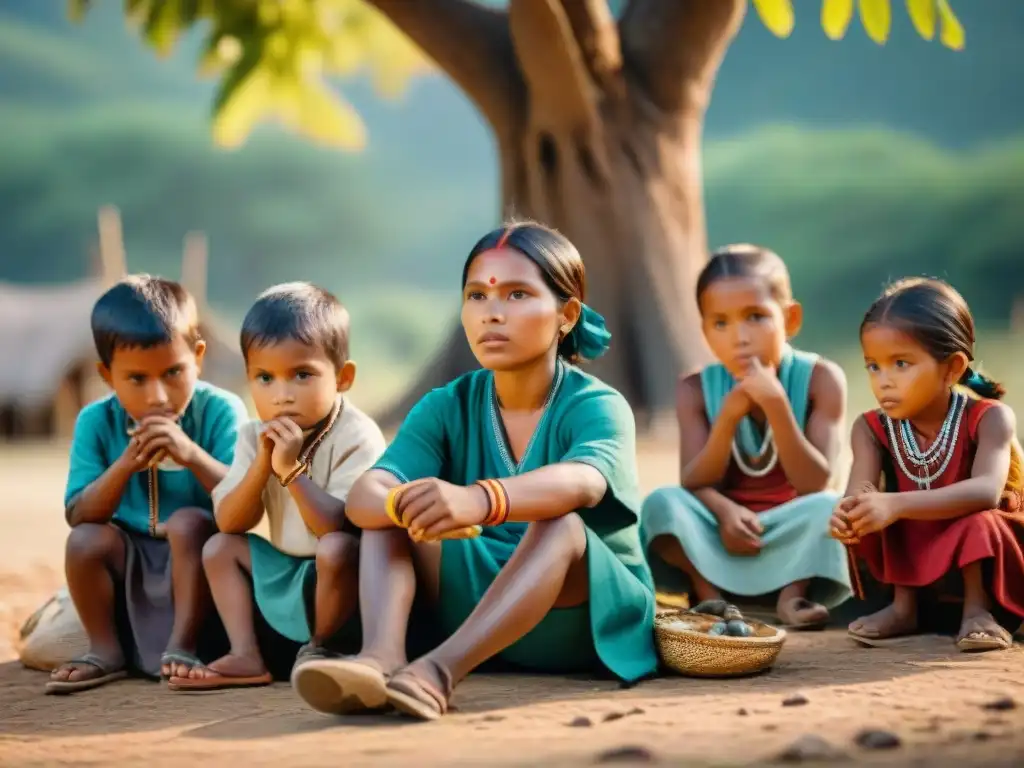 Grupo de niños indígenas aprendiendo al aire libre, reflejando el impacto de las políticas educativas en comunidades indígenas