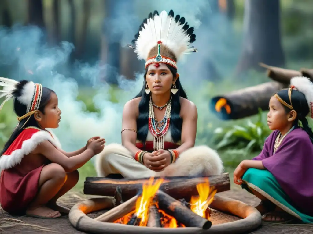 Un grupo de niños indígenas escucha atentamente a un anciano mientras participan en un ritual alrededor del fuego en la selva