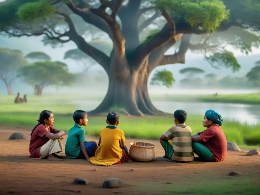 Un grupo de niños indígenas aprende con un anciano bajo un árbol en un escenario cultural