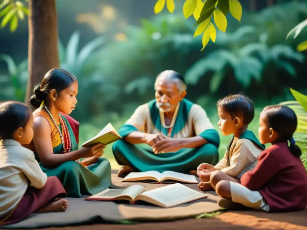 Grupo de niños indígenas escuchando a un anciano leer un cuento tradicional en la naturaleza